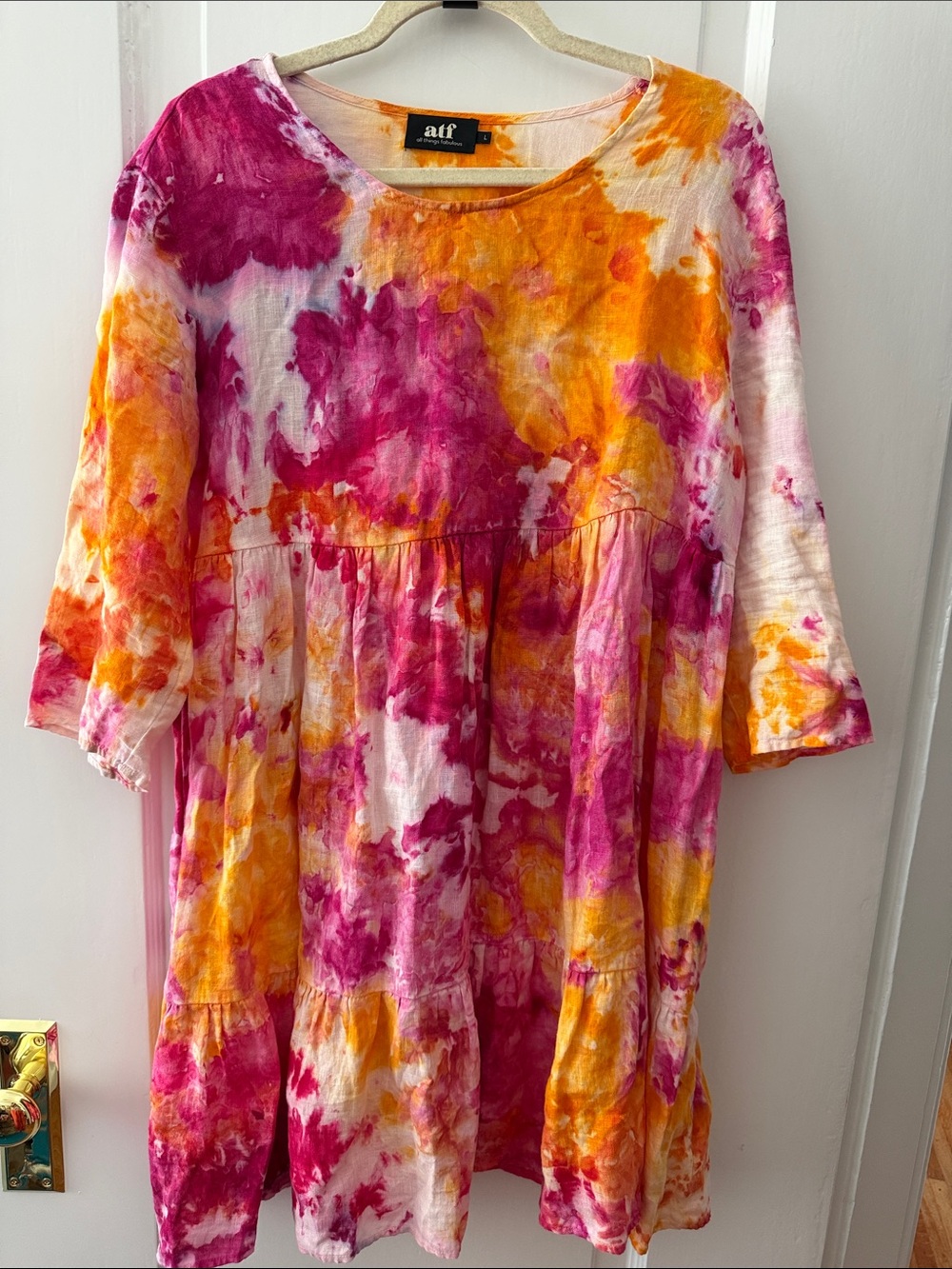 Ice-Dye Babydoll Tunic Dress in Pink & Orange 100% linen made in USA